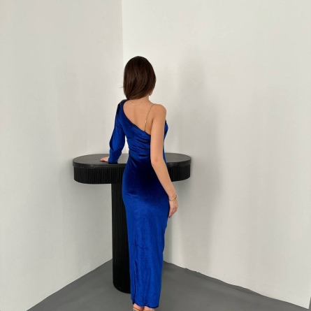 Темно Синее Миди Платье на Одно Плечо из Велюра