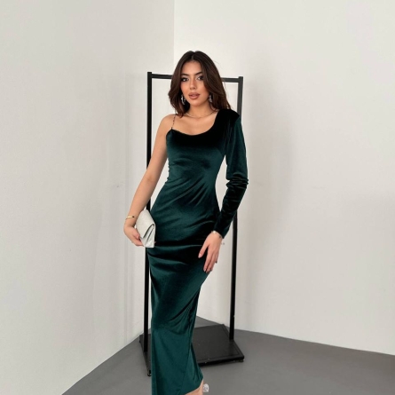 Зеленное Миди Платье на Одно Плечо из Велюра