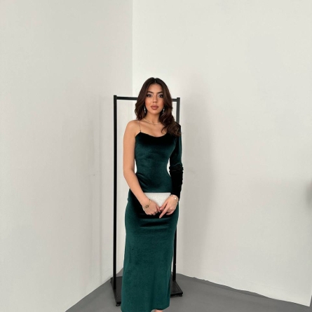 Зеленное Миди Платье на Одно Плечо из Велюра