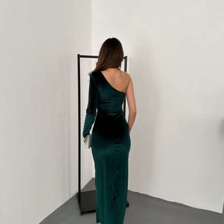Зеленное Миди Платье на Одно Плечо из Велюра