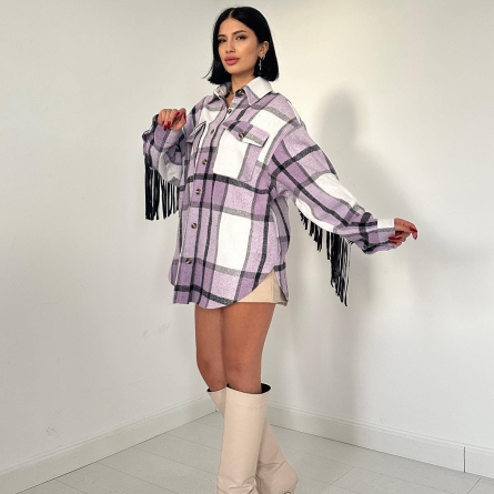 Lilac Plaid Overshirt with Fringe Detailing