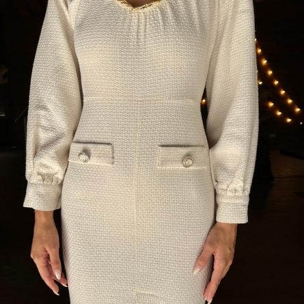 Ecru Cotton Midi Dress with Chain Detail