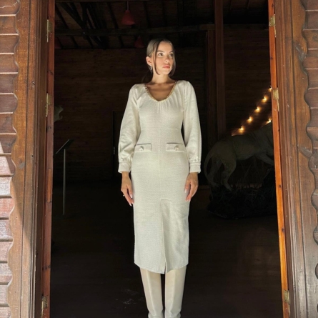 Ecru Cotton Midi Dress with Chain Detail