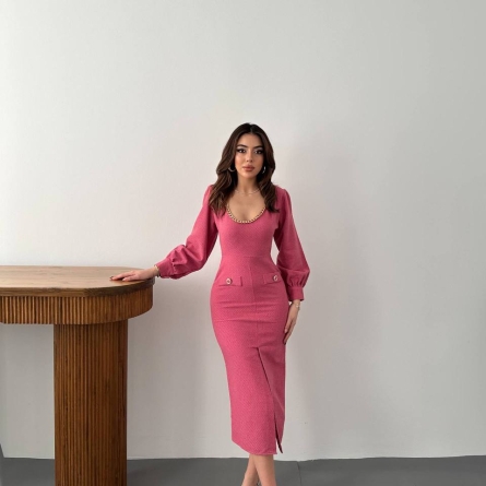 Pink Cotton Midi Dress with Chain Detail