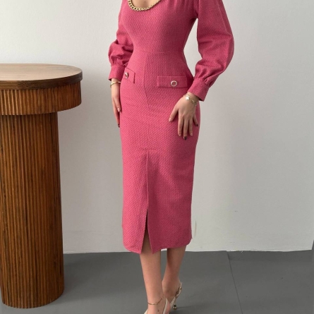 Pink Cotton Midi Dress with Chain Detail