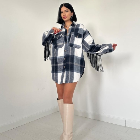 Cămașă &icirc;n carouri bleu-marin cu franjuri