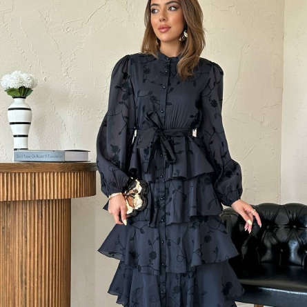 Black Midi Dress with Floral Print and Ruffles