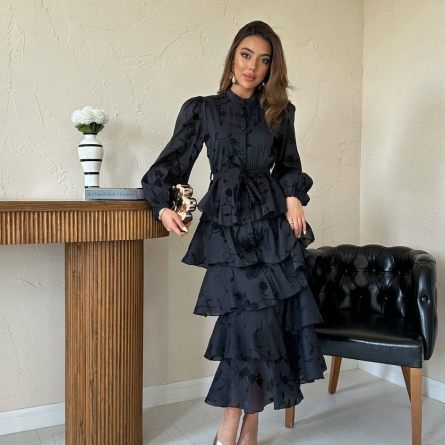 Black Midi Dress with Floral Print and Ruffles