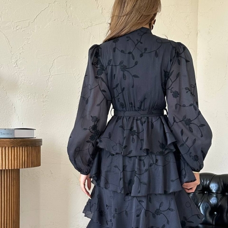 Black Midi Dress with Floral Print and Ruffles
