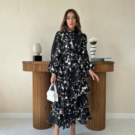 Black Midi Dress with Floral Print and Layered Ruffles
