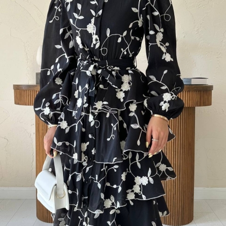 Black Midi Dress with Floral Print and Layered Ruffles