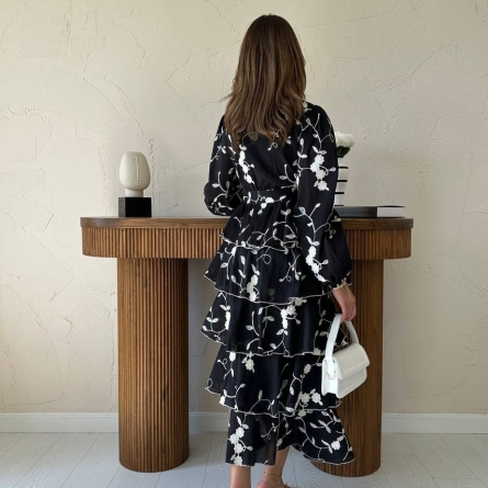 Black Midi Dress with Floral Print and Layered Ruffles