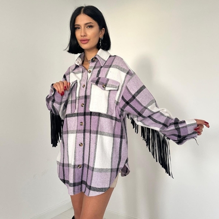 Lilac Plaid Overshirt with Fringe Detailing