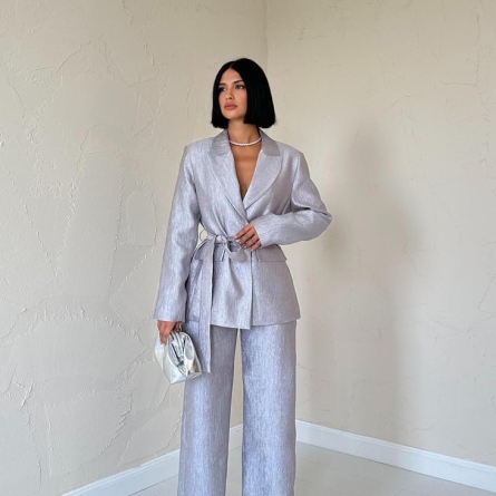 Set Argintiu cu Pantaloni și Sacou cu Cordon