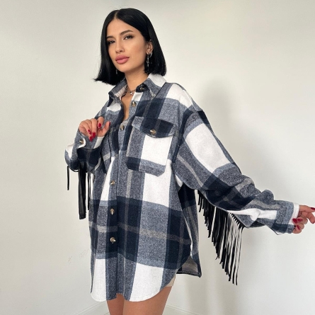 Cămașă &icirc;n carouri bleu-marin cu franjuri