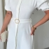 White Midi Dress with Puff Sleeves and Gold Belt Detail