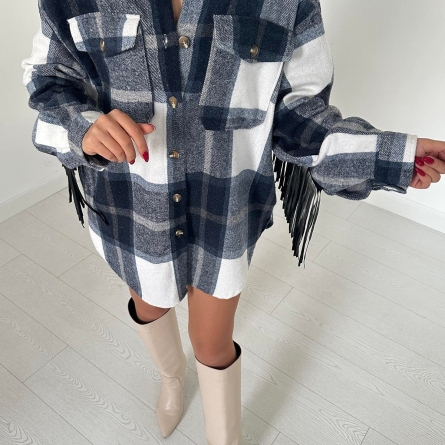 Cămașă &icirc;n carouri bleu-marin cu franjuri