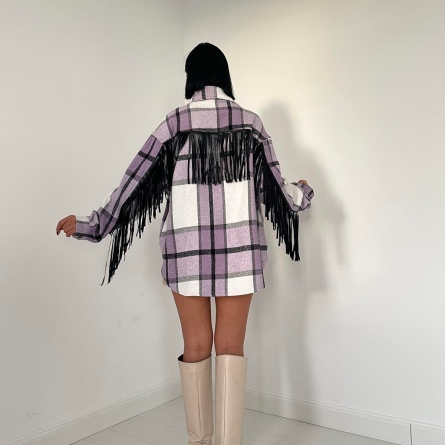 Lilac Plaid Overshirt with Fringe Detailing