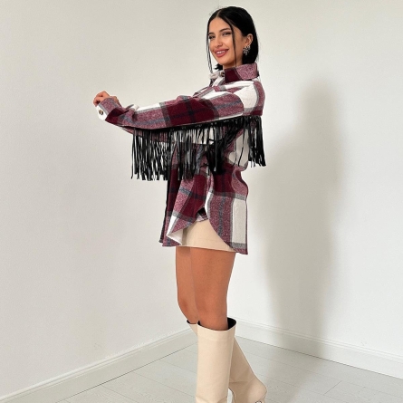 Cămașă &icirc;n carouri bordo cu franjuri