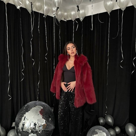 Elegant Burgundy Faux Fur Jacket with Notched Collar