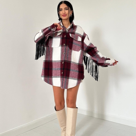 Cămașă &icirc;n carouri bordo cu franjuri