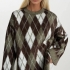 Oversized Argyle Pattern Knit Sweater in Natural Tones