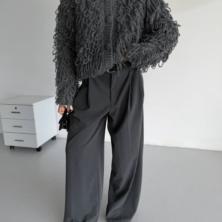 Серый трикотажный кардиган с фактурной бахромой