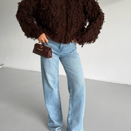 Коричневый трикотажный кардиган с фактурной бахромой