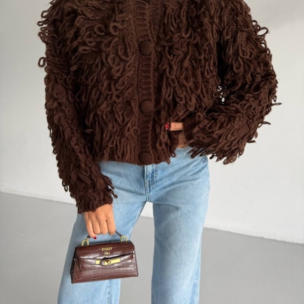 Коричневый трикотажный кардиган с фактурной бахромой