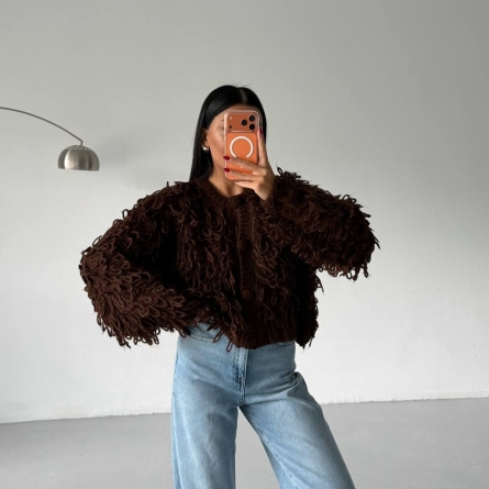 Коричневый трикотажный кардиган с фактурной бахромой