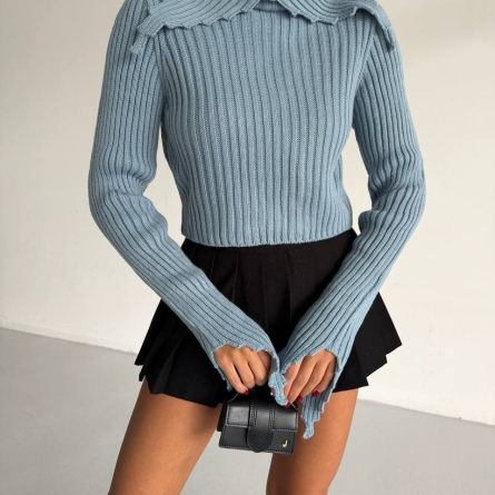 Pulover Blue Tricotat cu Guler și Textură Striată