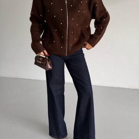 Brown Zip-Up Cardigan with Decorative Embellishments