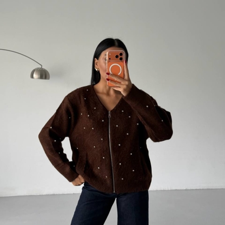 Brown Zip-Up Cardigan with Decorative Embellishments