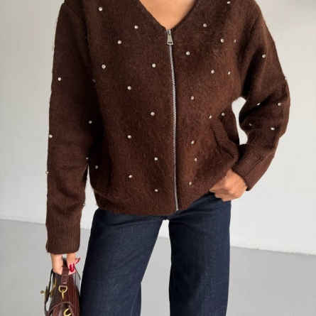 Brown Zip-Up Cardigan with Decorative Embellishments