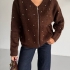 Brown Zip-Up Cardigan with Decorative Embellishments