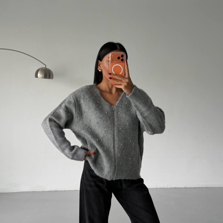 Серый кардиган на молнии с декоративными элементами