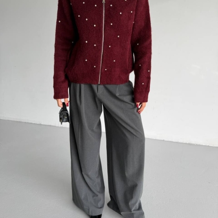Cardigan Burgundy cu Fermoar și Pietricele Decorative