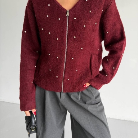 Cardigan Burgundy cu Fermoar și Pietricele Decorative