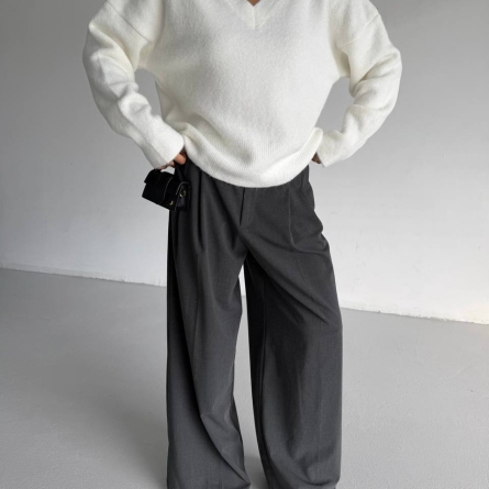 Pulover Alb Tricotat cu Decolteu &icirc;n V