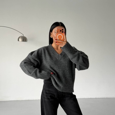 Gray Knit V-Neck Sweater