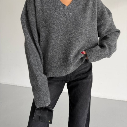 Gray Knit V-Neck Sweater