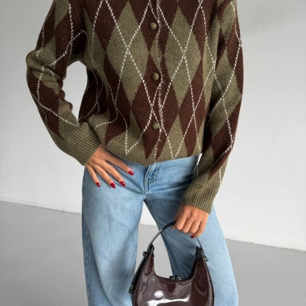 Вязаный кардиган с узором аргайл, коричнего-зеленый