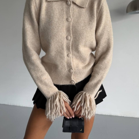 Cardigan Tricotat Beige cu Detalii Franjurate
