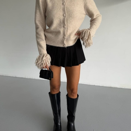 Cardigan Tricotat Beige cu Detalii Franjurate