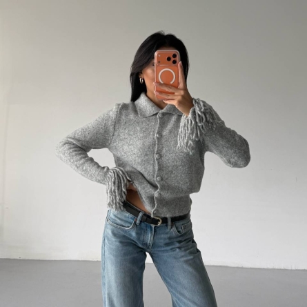 Cardigan Tricotat Gri cu Detalii Franjurate