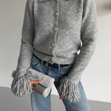 Cardigan Tricotat Gri cu Detalii Franjurate