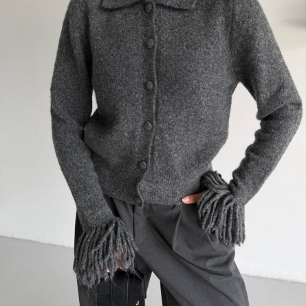 Cardigan Tricotat Antracit cu Detalii Franjurate