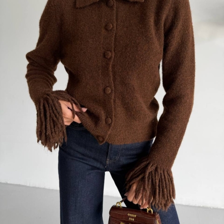 Cardigan Tricotat Maro cu Detalii Franjurate