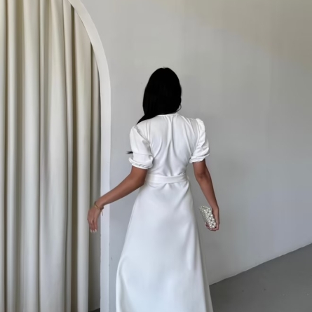 White Midi Dress with Puff Sleeves and Gold Belt Detail
