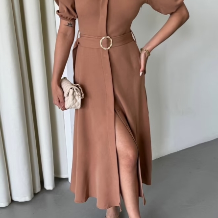 Капучино миди-платье с поясом и пышными рукавами